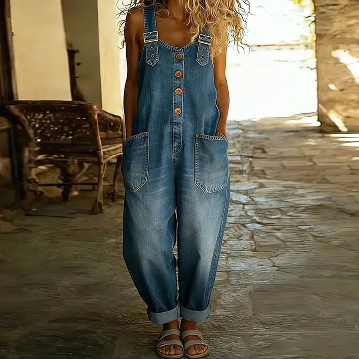 June - Vintage Soft Cotton Denim-Look Overalls with Adjustable straps